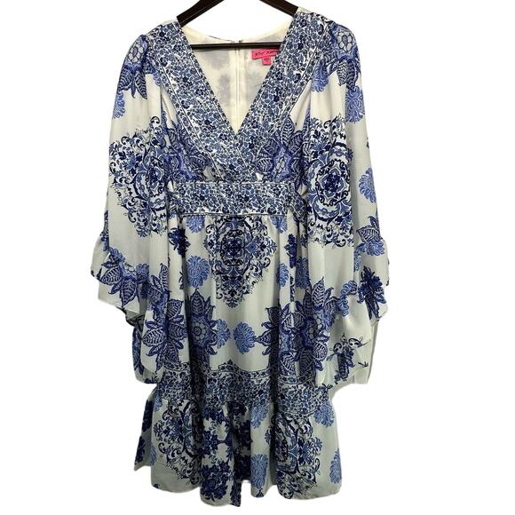 Betsey Johnson Dresses & Skirts - Betsey Johnson Blue White Bohemian Ruffled Bell Sleeve Dress Size 10 Boho Chic